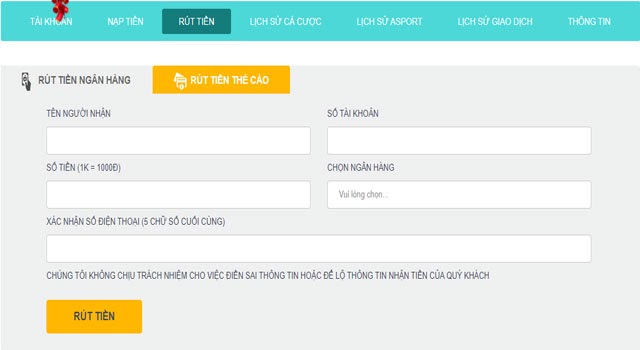 Giao diện rút tiền trên Five88