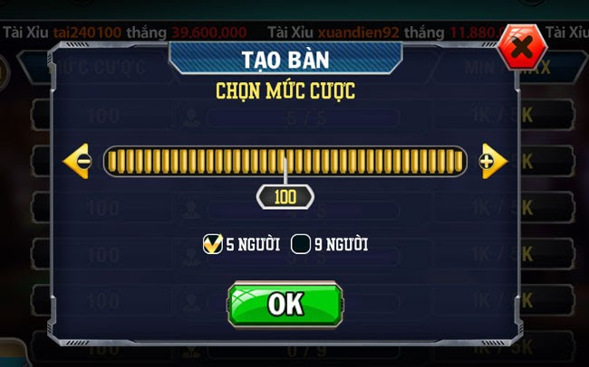 Giao diện mức cược game bài Poker Five88