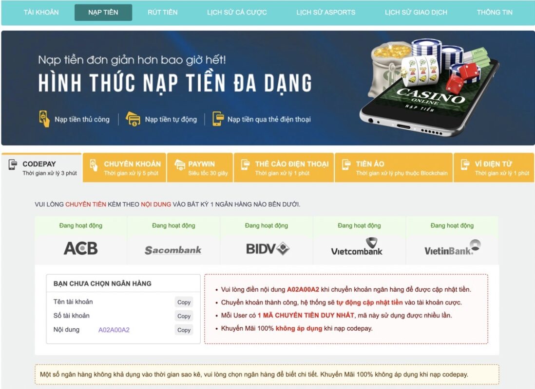 Nạp tiền nhanh, đa dạng trên Five88